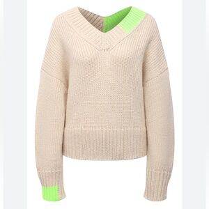 Helmut Lang Chunky Oversized Sweater Size S Cream with Neon Green Accents